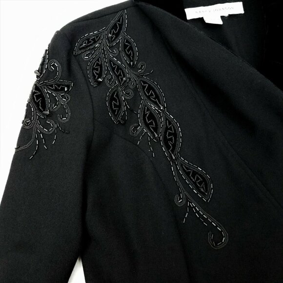 Nancy Johnson Vintage Black Wool Dress S M Velvet Collar Beaded Embellished Long - Picture 7 of 10